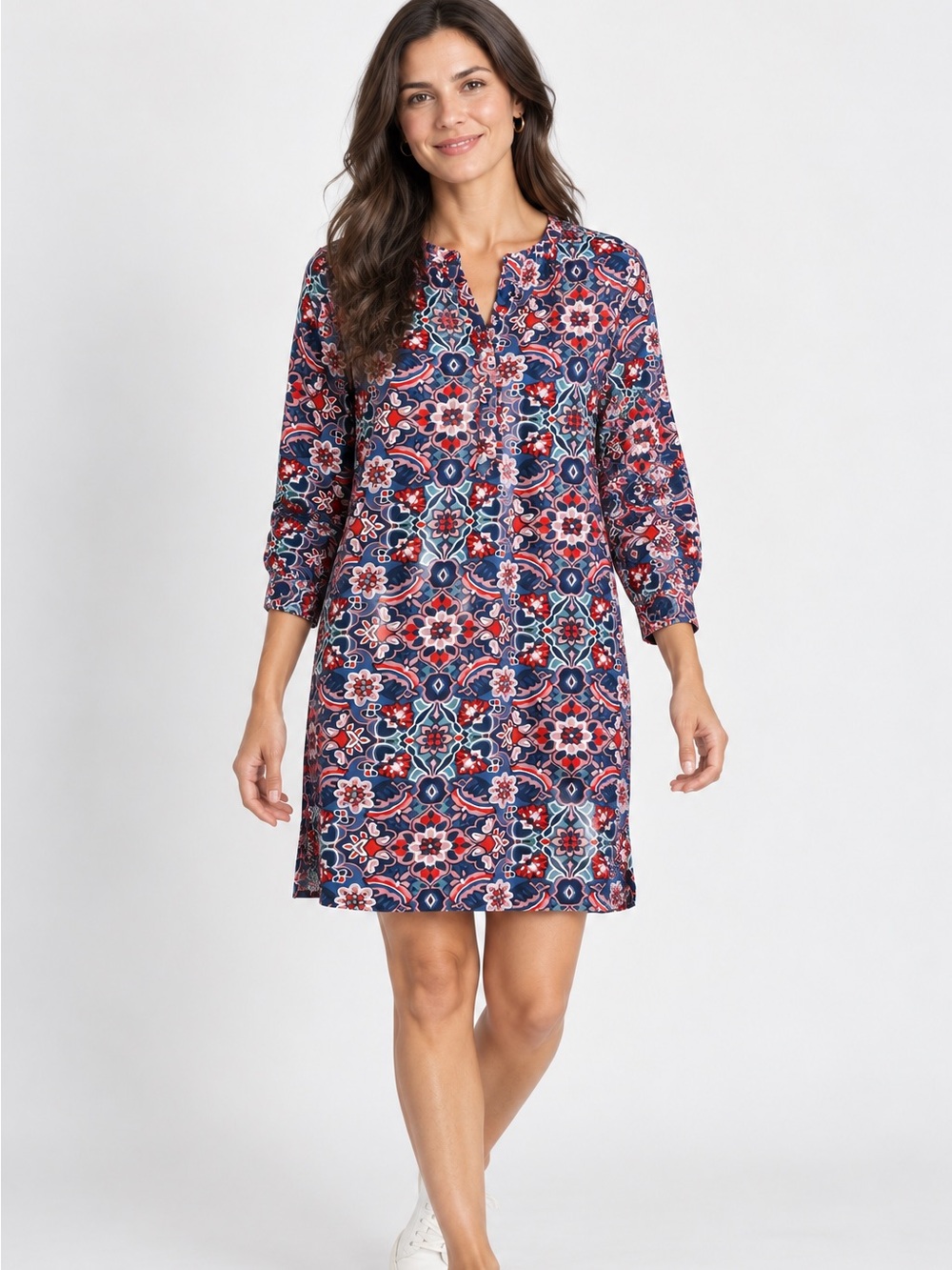 Loft Navy Floral Print Tunic Mini Shirt Dress Red Pink Lightweight Flowy Size MD